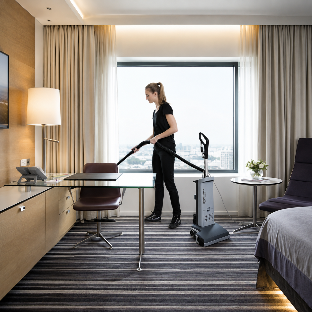 Aspiradora vertical Nilfisk VU500 para hoteles oficinas y espacios comerciales