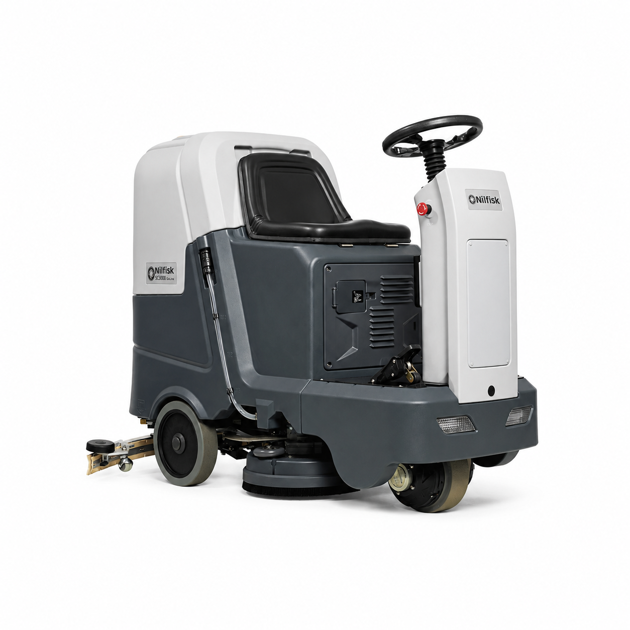 Fregadora industrial Nilfisk SC3500 con operador a bordo Fregadora industrial Nilfisk SC3500 con operador a bordo